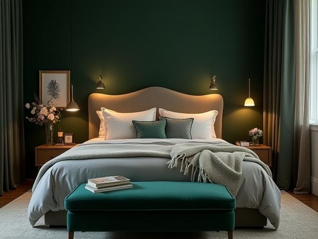 Luksuriøst hovedsoverom med spesialdesignet hodegavl og belysning fra Blomster Hus